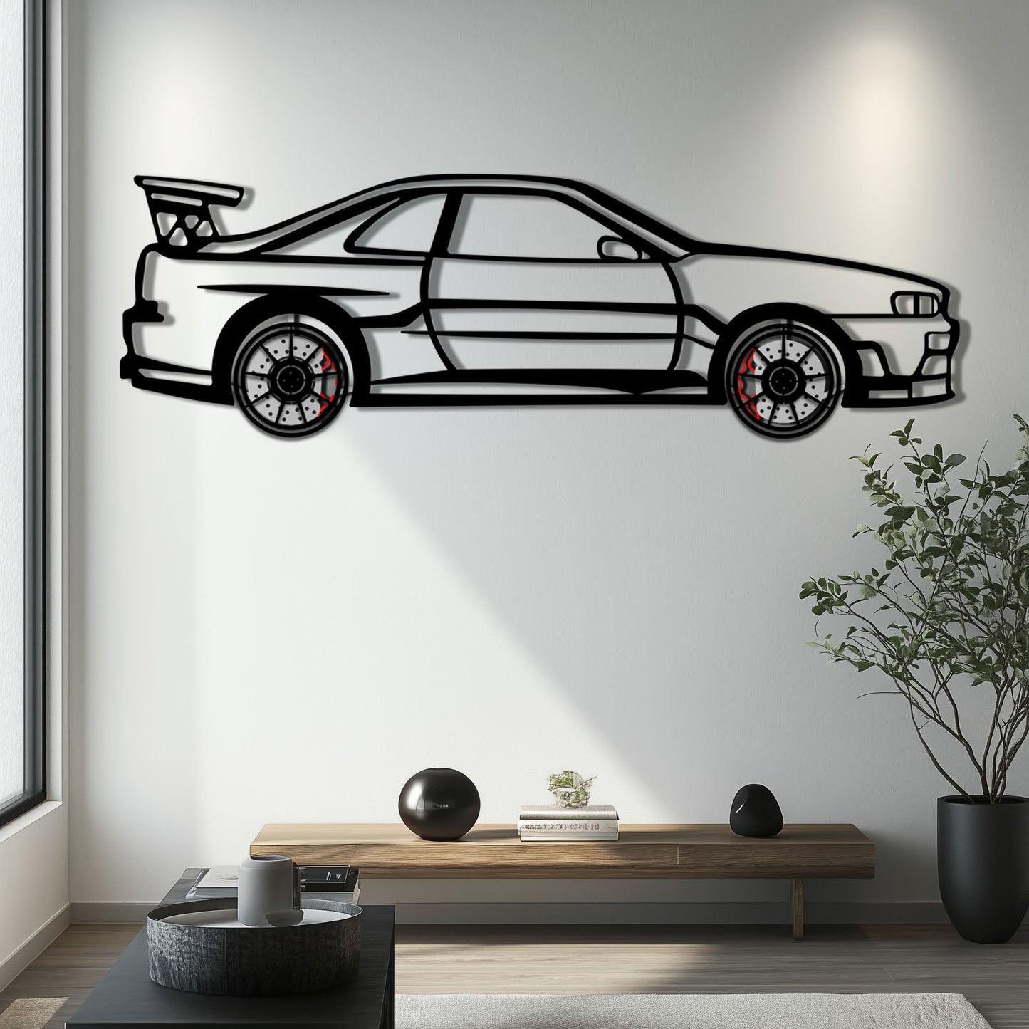 Nissan Skyline GT-R R34 Metal Car Wall Art with Rotating Wheels - "Godzilla" JDM Legend Silhouette - Interactive Automotive Wall Decor - KAFMEKA152