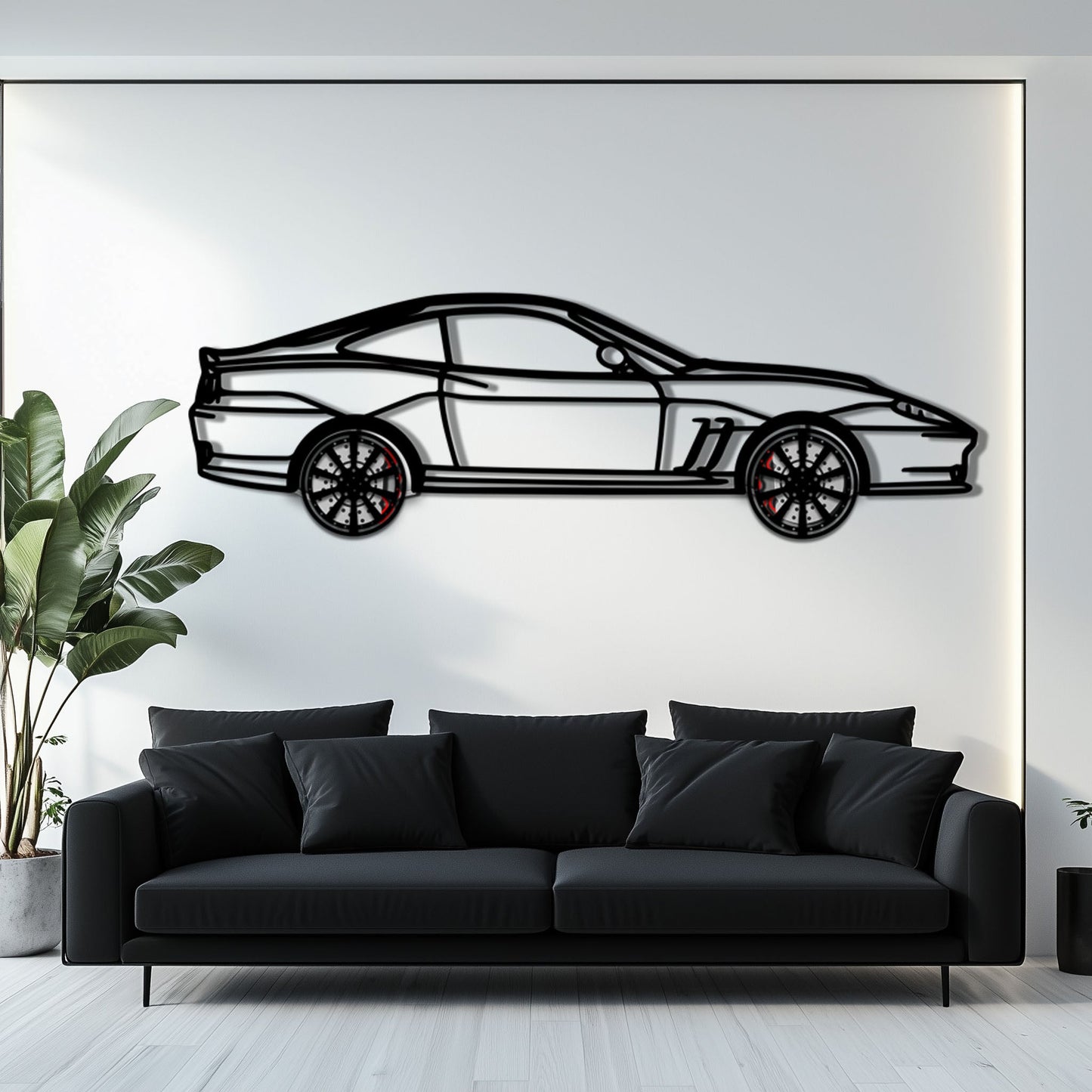 Ferrari 550 Maranello Metal Car Wall Art with Rotating Wheels - V12 Grand Tourer Silhouette - Interactive Automotive Wall Decor - KAFMEKA129