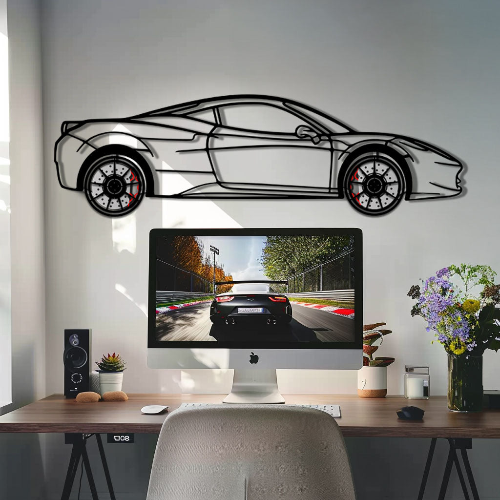 Ferrari 458 Italia Metal Car Wall Art with Rotating Wheels - V8 Supercar Silhouette Decor - Interactive Automotive Wall Art - KAFMEKA124