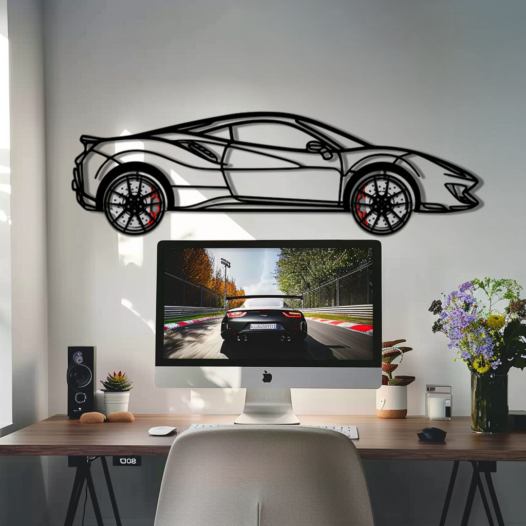 Ferrari 488 Pista Metal Car Wall Art with Rotating Wheels - Track-Focused Italian V8 Silhouette - Interactive Automotive Wall Decor - KAFMEKA128