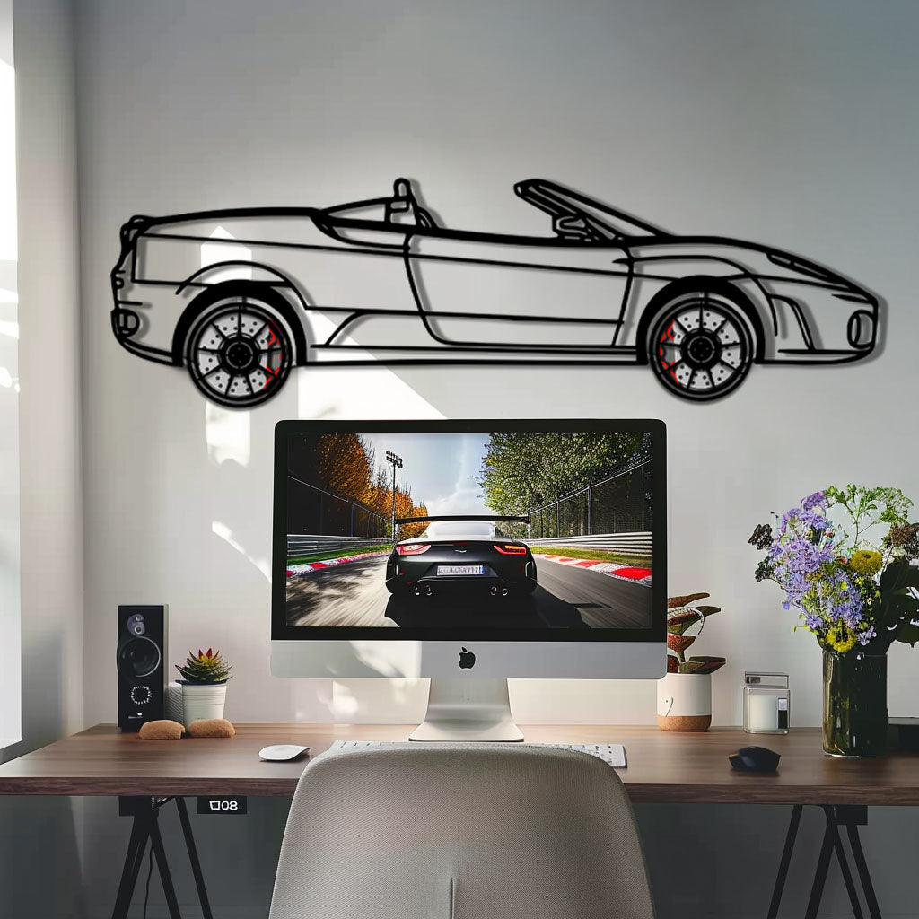 Ferrari F430 Spider Metal Car Wall Art with Rotating Wheels - Italian Convertible Supercar Silhouette - Interactive Automotive Wall Decor - KAFMEKA134