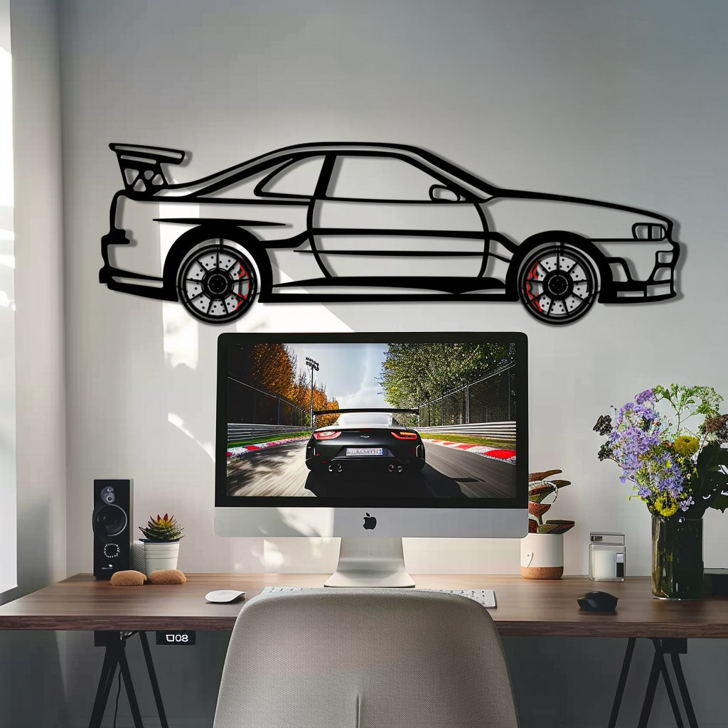 Nissan Skyline GT-R R34 Metal Car Wall Art with Rotating Wheels - "Godzilla" JDM Legend Silhouette - Interactive Automotive Wall Decor - KAFMEKA152