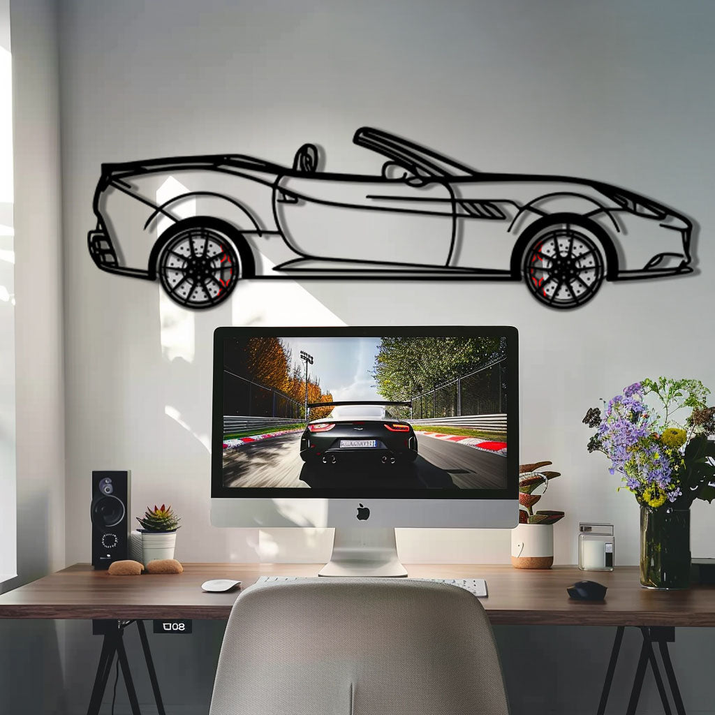 Ferrari California Metal Car Wall Art with Rotating Wheels - Italian V8 Grand Tourer Silhouette - Interactive Automotive Wall Decor - KAFMEKA130