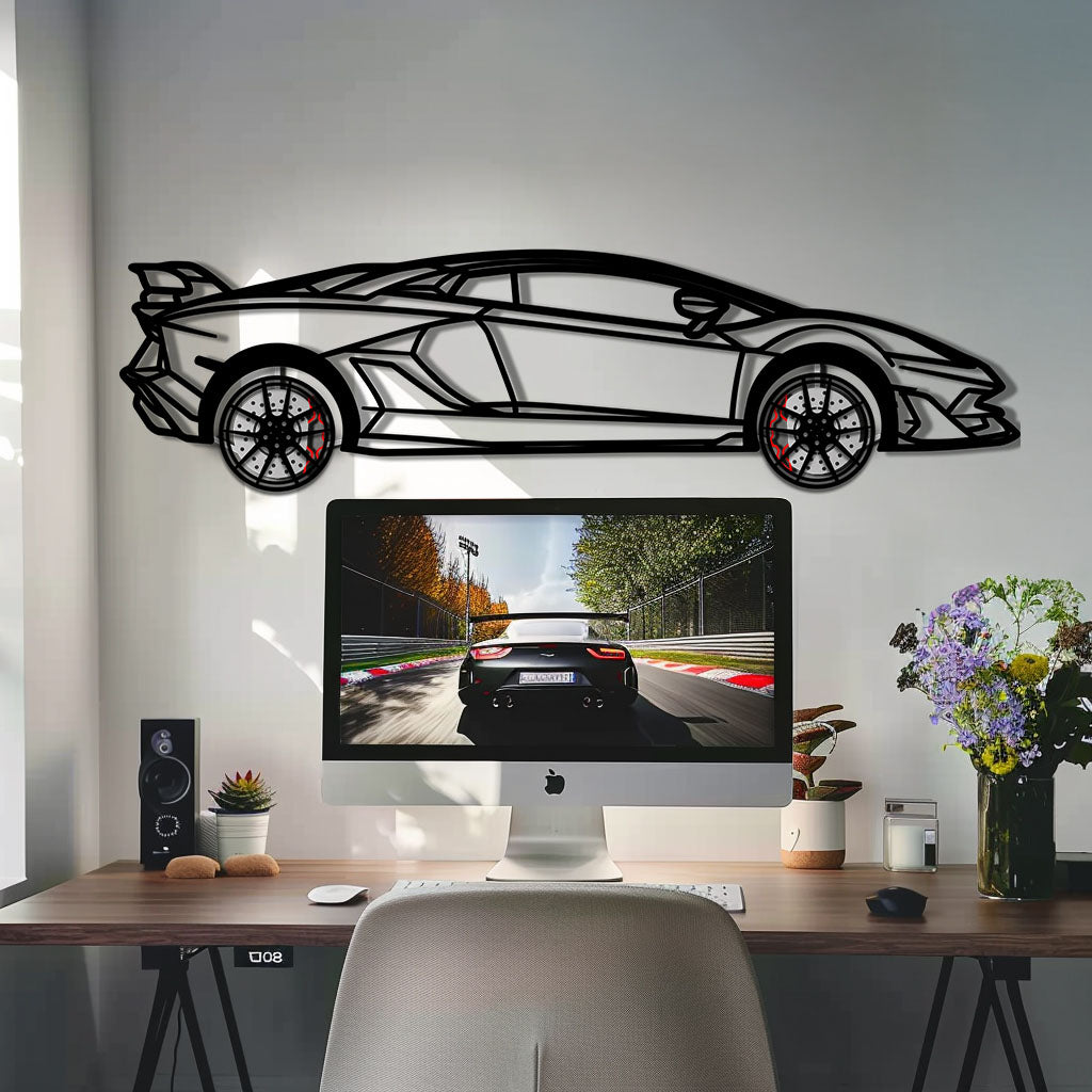 Lamborghini Aventador Metal Car Wall Art with Rotating Wheels - Italian V12 Hypercar Silhouette - Interactive Automotive Wall Decor - KAFMEKA145