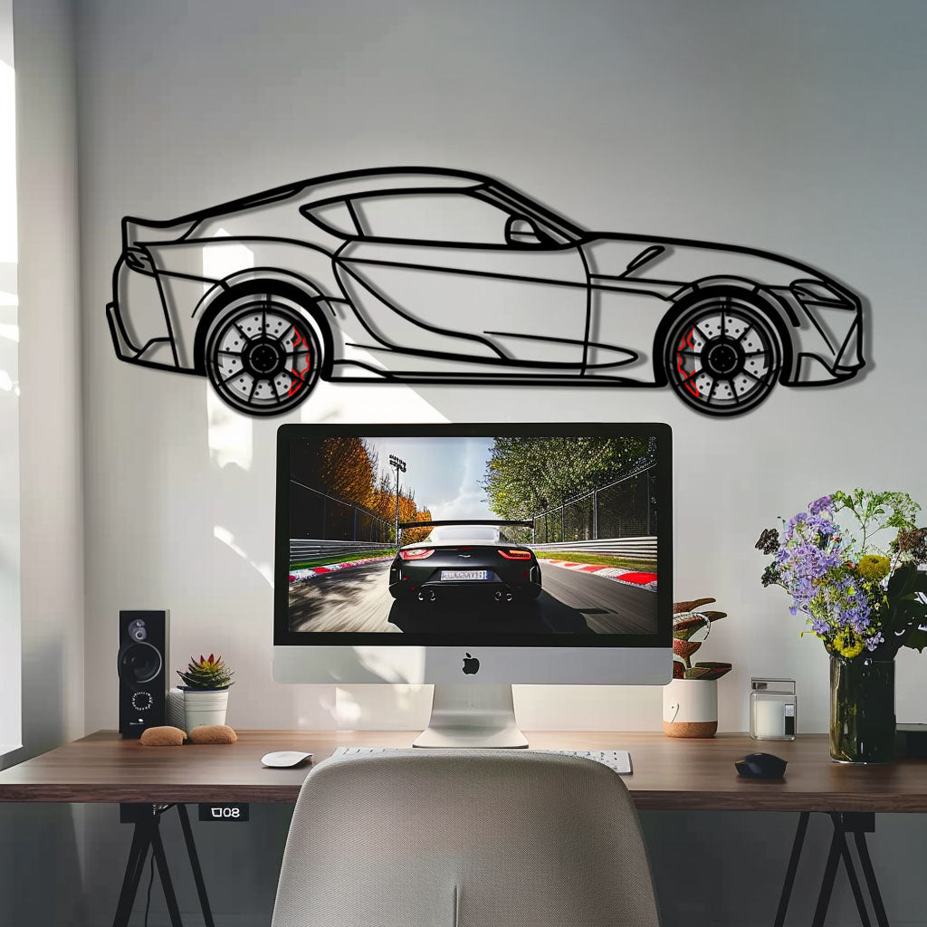 Toyota GR Supra (A90) Metal Car Wall Art with Rotating Wheels - Modern JDM Legend Silhouette - Interactive Automotive Wall Decor - KAFMEKA156
