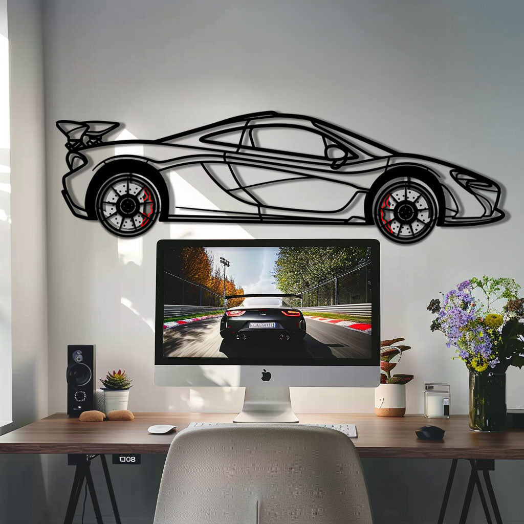 McLaren P1 Metal Car Wall Art with Rotating Wheels - Ultimate Hybrid Hypercar Silhouette - Interactive Automotive Wall Decor - KAFMEKA150