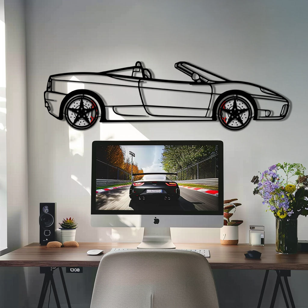Ferrari 360 Spider Metal Car Wall Art with Rotating Wheels - Italian Convertible Supercar Silhouette - Interactive Automotive Wall Decor - KAFMEKA123