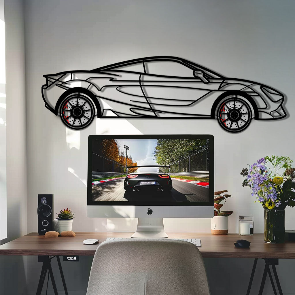 McLaren 720S Metal Car Wall Art with Rotating Wheels - British Supercar Silhouette - Interactive Automotive Wall Decor - KAFMEKA149