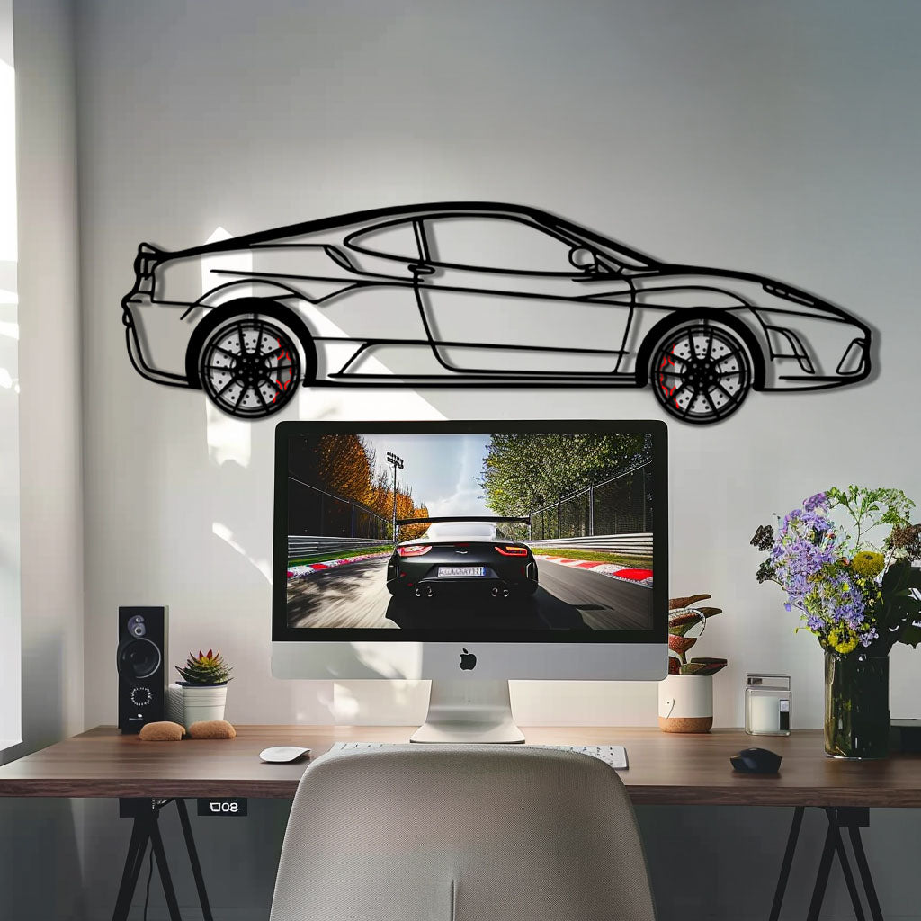 Ferrari F430 Scuderia Metal Car Wall Art with Rotating Wheels - Track-Focused V8 Silhouette - Interactive Automotive Wall Art - KAFMEKA133