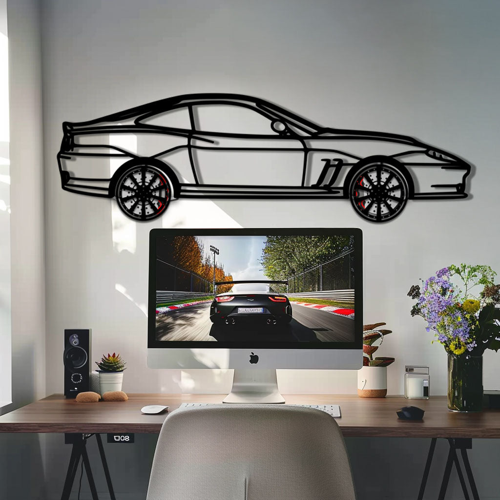 Ferrari 550 Maranello Metal Car Wall Art with Rotating Wheels - V12 Grand Tourer Silhouette - Interactive Automotive Wall Decor - KAFMEKA129