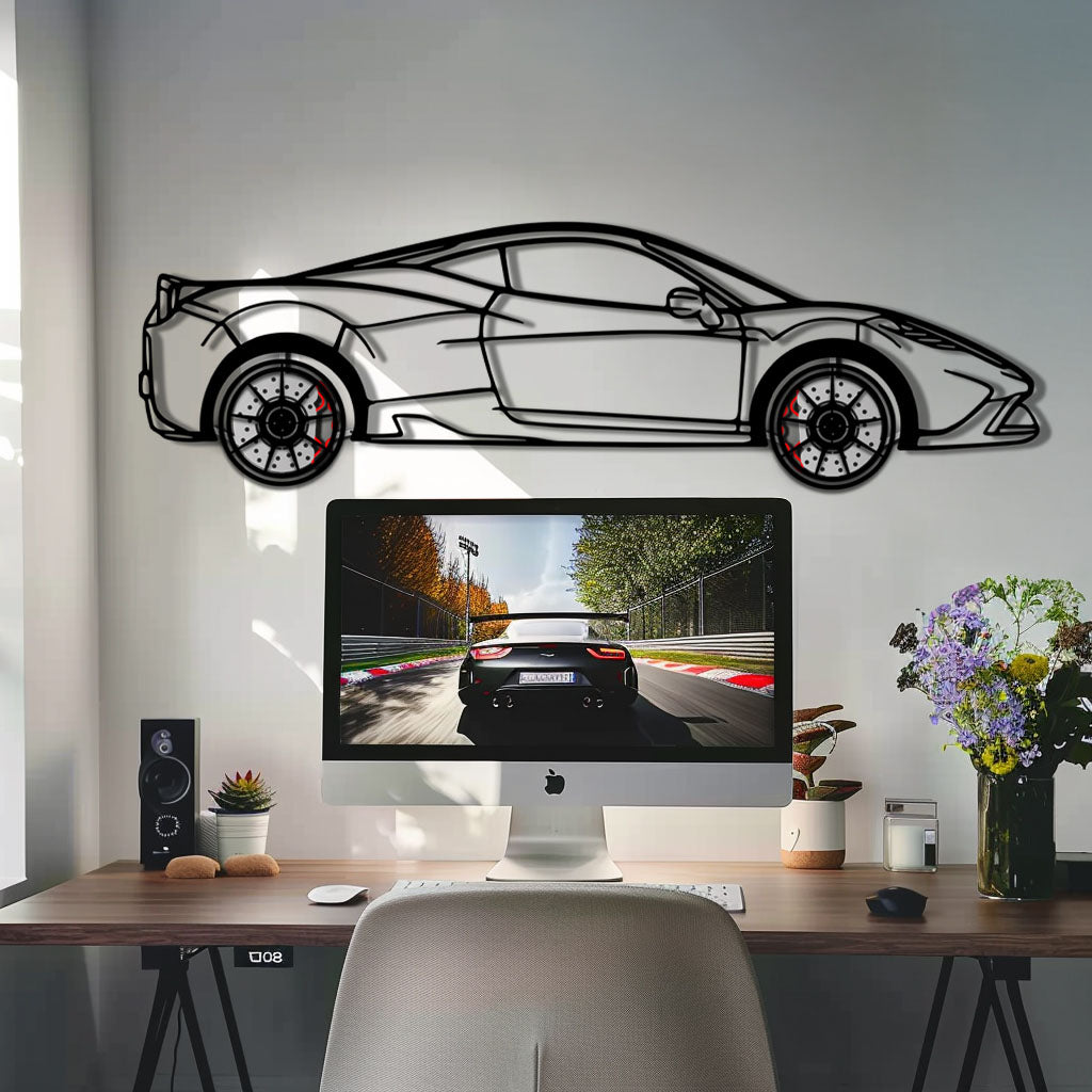 Ferrari 458 Speciale Metal Car Wall Art with Rotating Wheels - Track-Focused V8 Silhouette - Interactive Automotive Wall Decor - KAFMEKA125