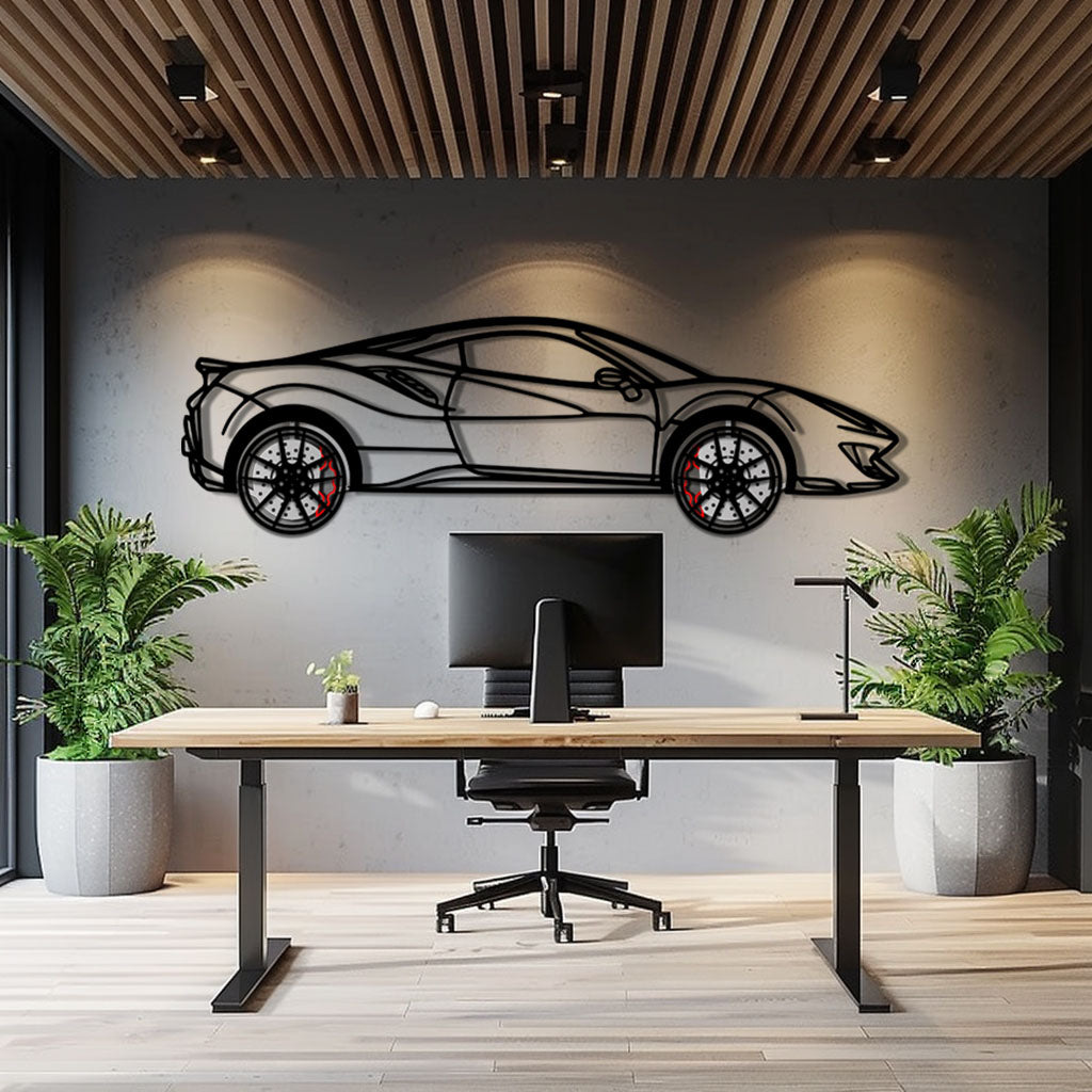 Ferrari 488 Pista Metal Car Wall Art with Rotating Wheels - Track-Focused Italian V8 Silhouette - Interactive Automotive Wall Decor - KAFMEKA128