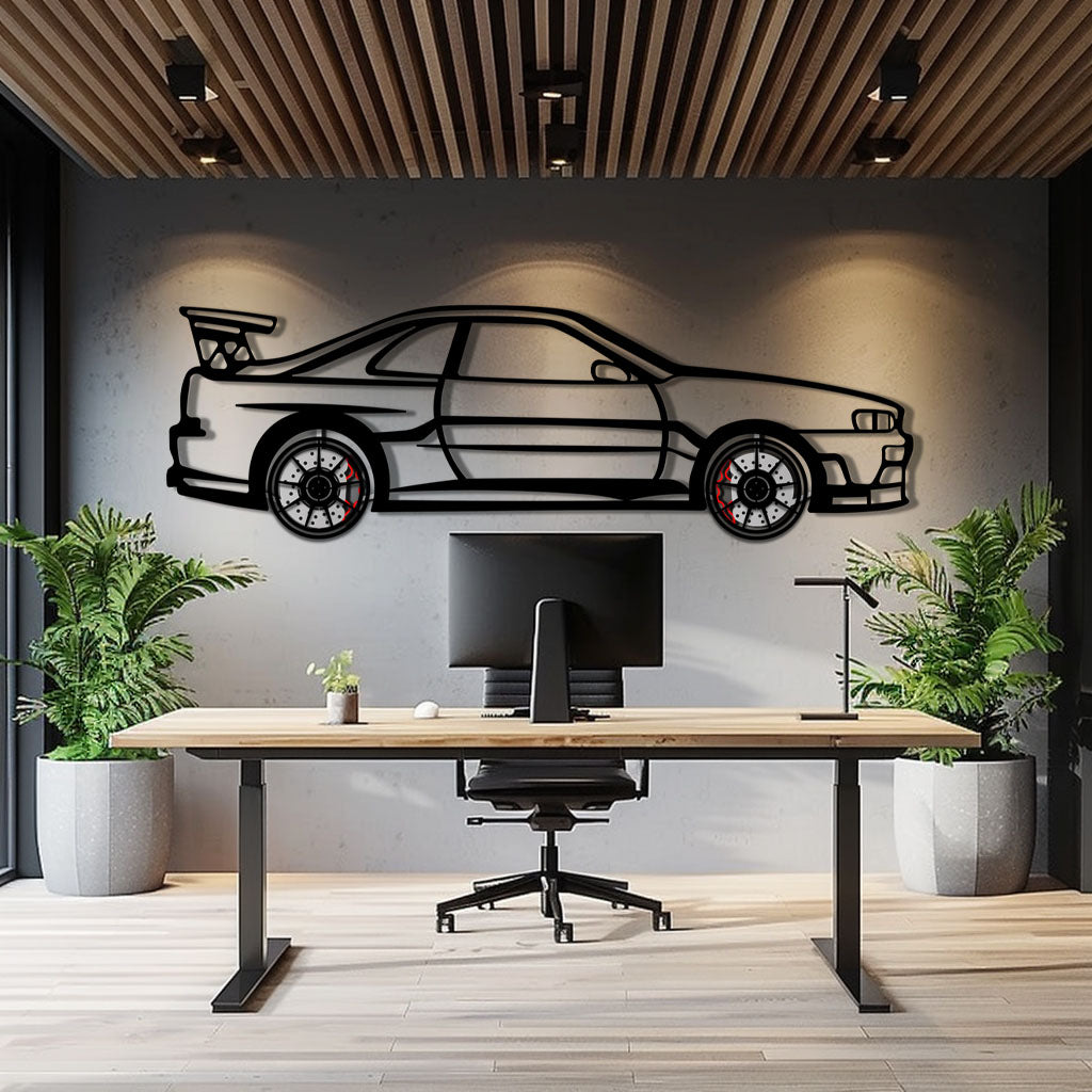 Nissan Skyline GT-R R34 Metal Car Wall Art with Rotating Wheels - "Godzilla" JDM Legend Silhouette - Interactive Automotive Wall Decor - KAFMEKA152