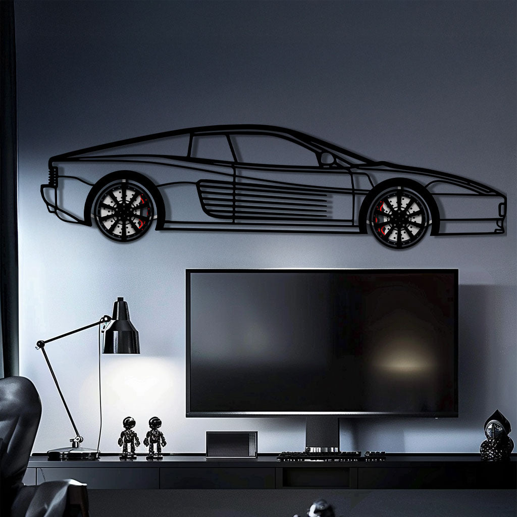 Ferrari Testarossa Metal Car Wall Art with Rotating Wheels - Iconic 80s Supercar Silhouette - Interactive Retro Automotive Decor - KAFMEKA136