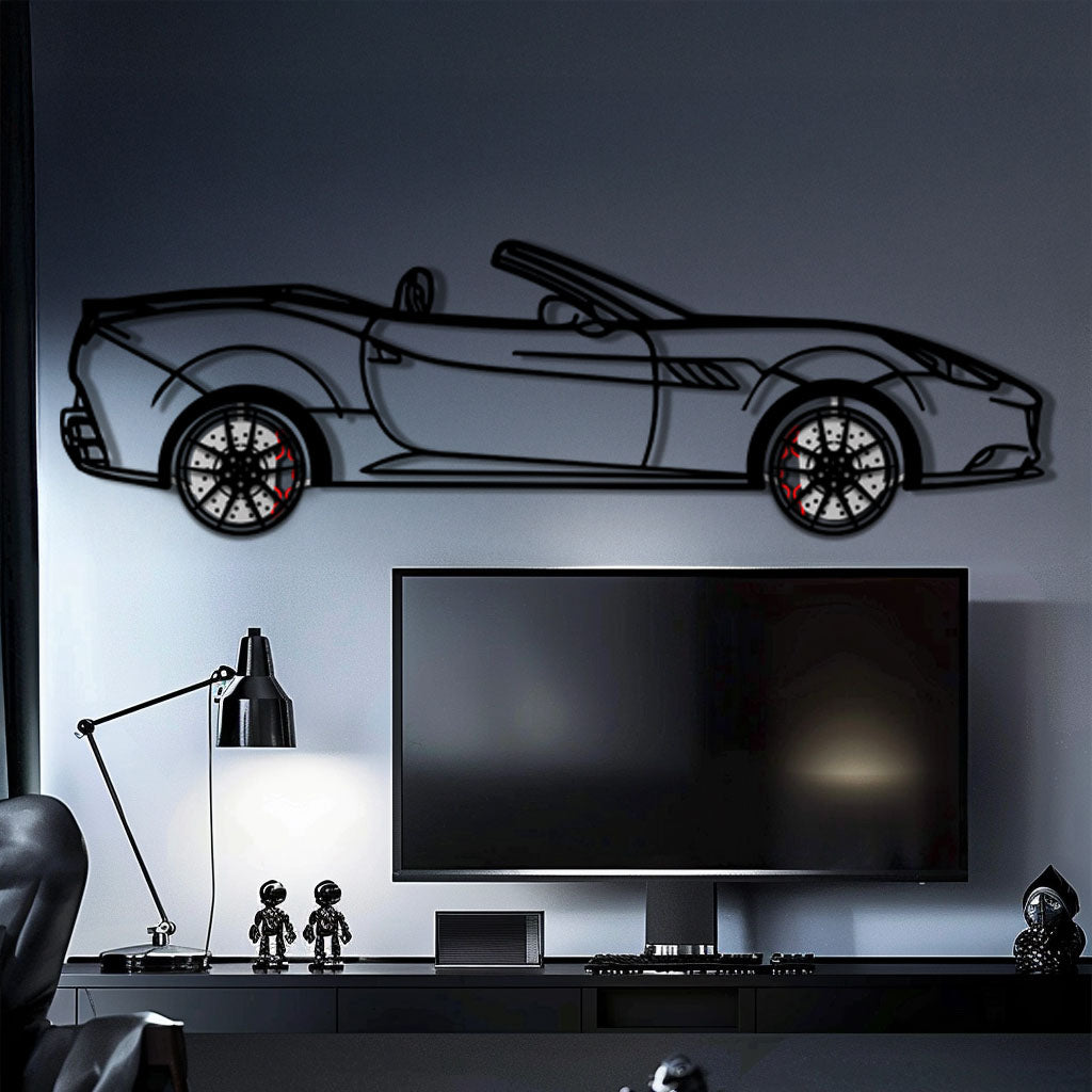 Ferrari California Metal Car Wall Art with Rotating Wheels - Italian V8 Grand Tourer Silhouette - Interactive Automotive Wall Decor - KAFMEKA130