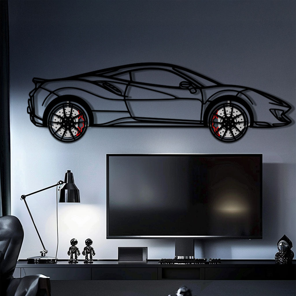 Ferrari 488 Pista Metal Car Wall Art with Rotating Wheels - Track-Focused Italian V8 Silhouette - Interactive Automotive Wall Decor - KAFMEKA128