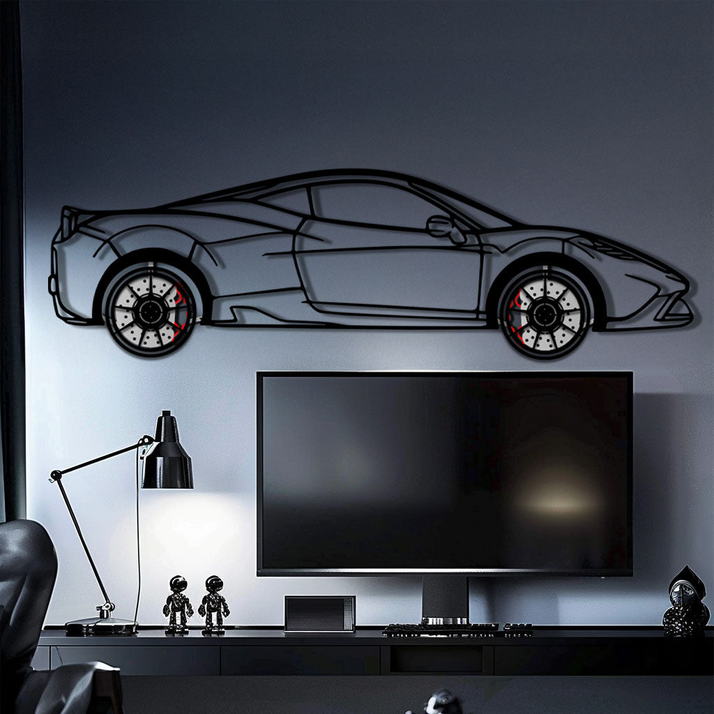 Ferrari 458 Speciale Metal Car Wall Art with Rotating Wheels - Track-Focused V8 Silhouette - Interactive Automotive Wall Decor - KAFMEKA125