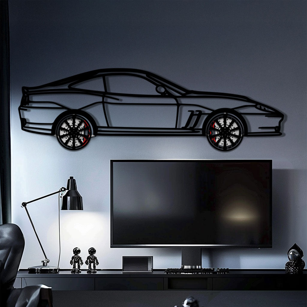 Ferrari 550 Maranello Metal Car Wall Art with Rotating Wheels - V12 Grand Tourer Silhouette - Interactive Automotive Wall Decor - KAFMEKA129