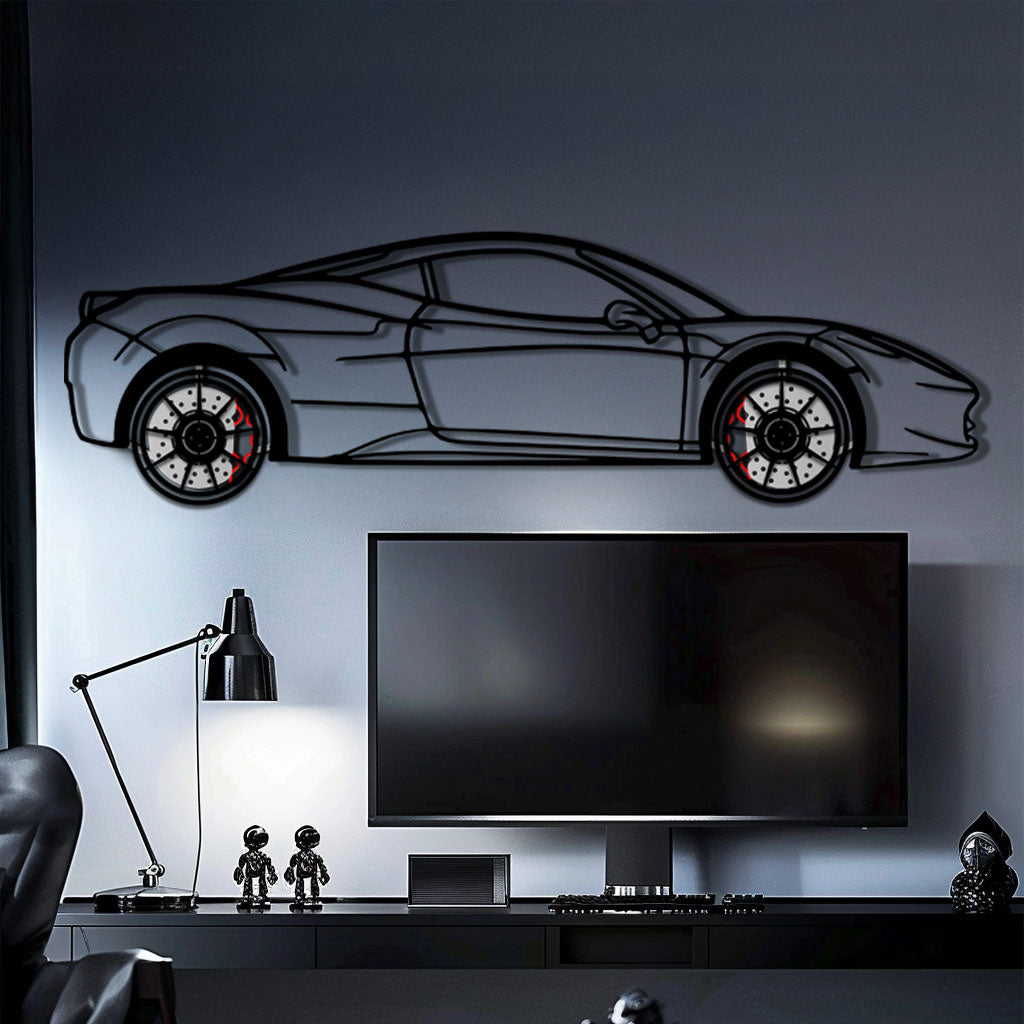 Ferrari 458 Italia Metal Car Wall Art with Rotating Wheels - V8 Supercar Silhouette Decor - Interactive Automotive Wall Art - KAFMEKA124