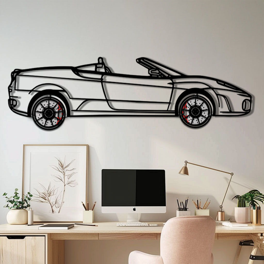 Ferrari F430 Spider Metal Car Wall Art with Rotating Wheels - Italian Convertible Supercar Silhouette - Interactive Automotive Wall Decor - KAFMEKA134