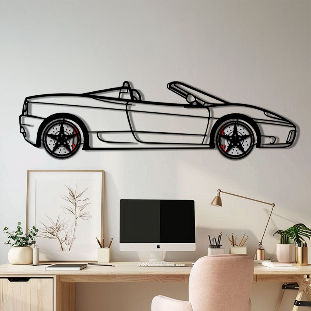Ferrari 360 Spider Metal Car Wall Art with Rotating Wheels - Italian Convertible Supercar Silhouette - Interactive Automotive Wall Decor - KAFMEKA123