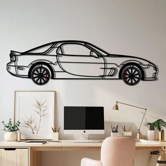 Mazda RX-7 Metal Car Wall Art with Rotating Wheels - FD3S Rotary Legend Silhouette - Interactive Automotive Wall Decor - KAFMEKA147