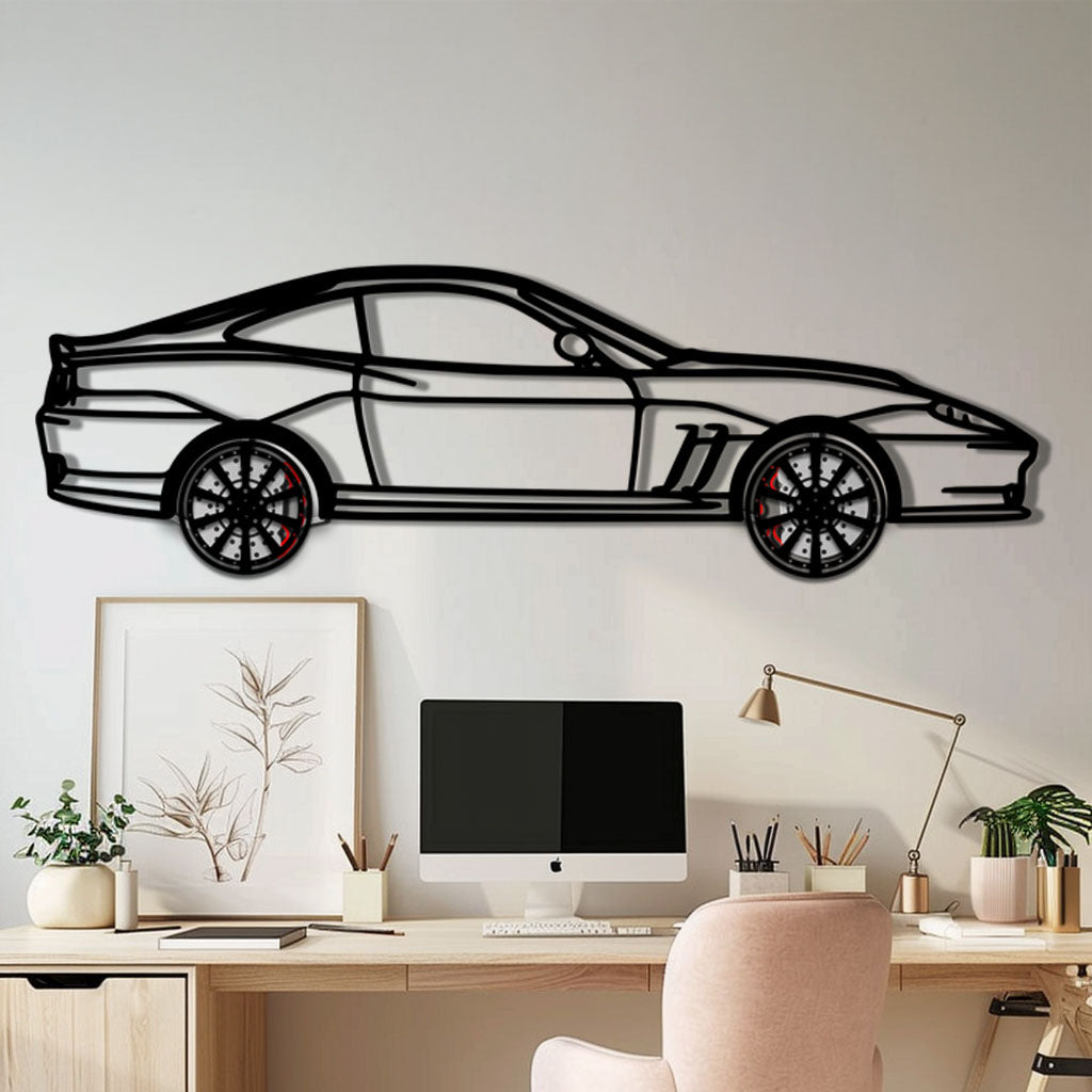 Ferrari 550 Maranello Metal Car Wall Art with Rotating Wheels - V12 Grand Tourer Silhouette - Interactive Automotive Wall Decor - KAFMEKA129