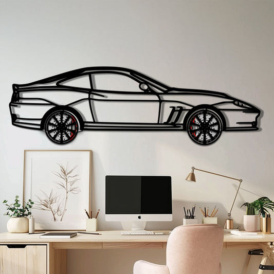 Ferrari 550 Maranello Metal Car Wall Art with Rotating Wheels - V12 Grand Tourer Silhouette - Interactive Automotive Wall Decor - KAFMEKA129