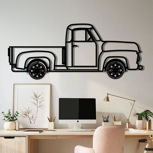 Classic Pickup Truck Metal Wall Art with Rotating Wheels - Vintage Chevy Style Silhouette - Interactive Retro Garage Decor - KAFMEKA119