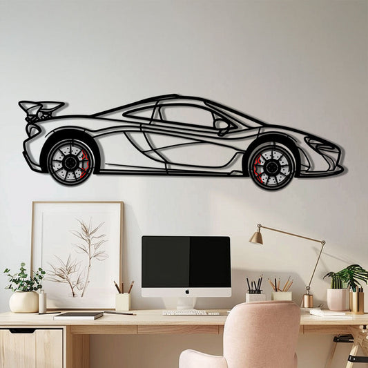 McLaren P1 Metal Car Wall Art with Rotating Wheels - Ultimate Hybrid Hypercar Silhouette - Interactive Automotive Wall Decor - KAFMEKA150
