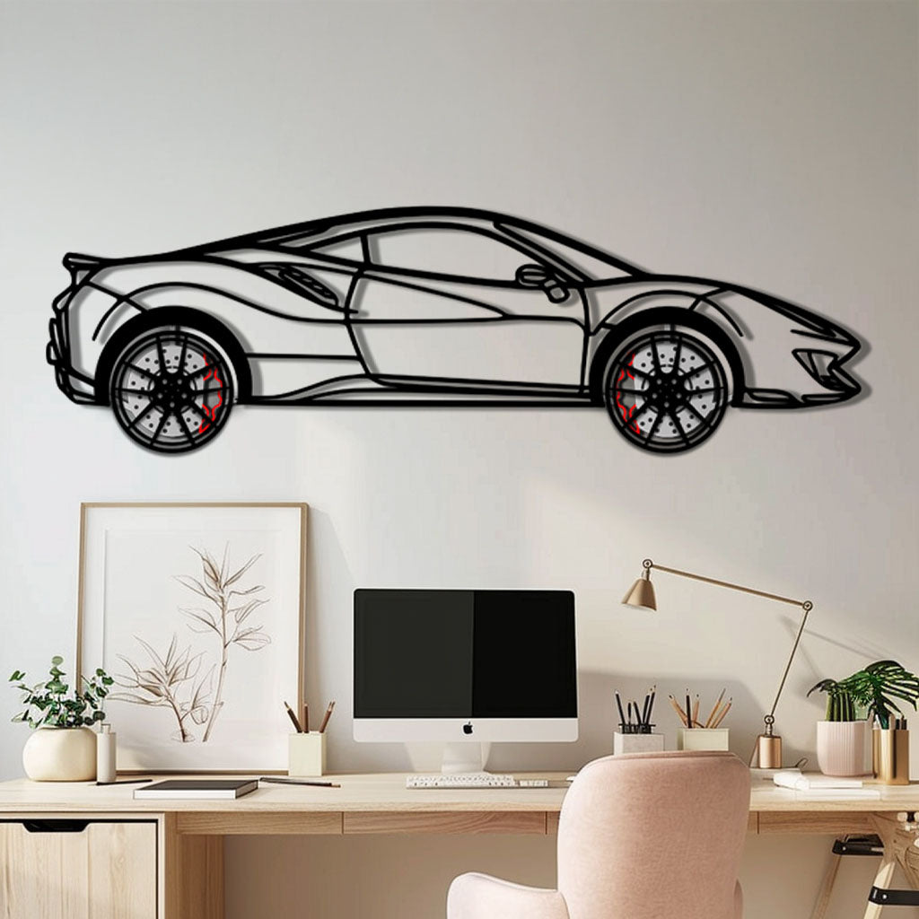 Ferrari 488 Pista Metal Car Wall Art with Rotating Wheels - Track-Focused Italian V8 Silhouette - Interactive Automotive Wall Decor - KAFMEKA128