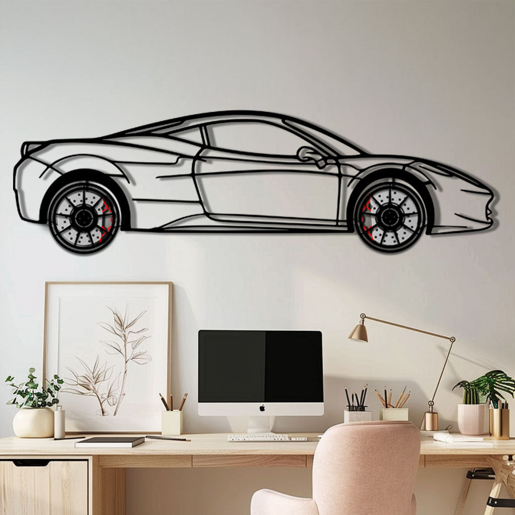 Ferrari 458 Italia Metal Car Wall Art with Rotating Wheels - V8 Supercar Silhouette Decor - Interactive Automotive Wall Art - KAFMEKA124